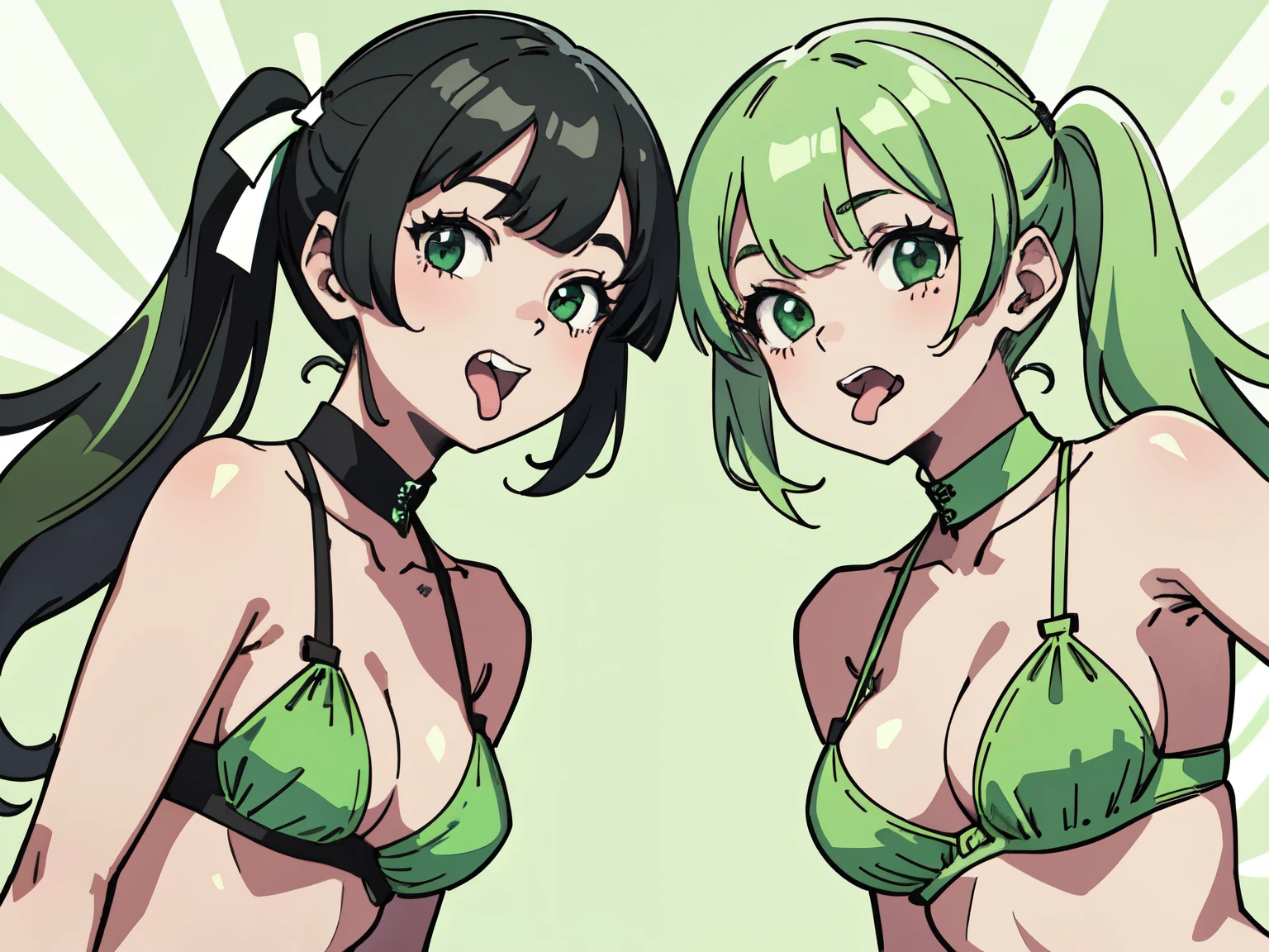 best quality, masterpiece, 2 girls, random poses, (tongue out:1.2), (drooling:1.3), (low twintails hair with bangs:1.3), fluorescent green and white colored bikini, (medium breast:1.2), solid green background