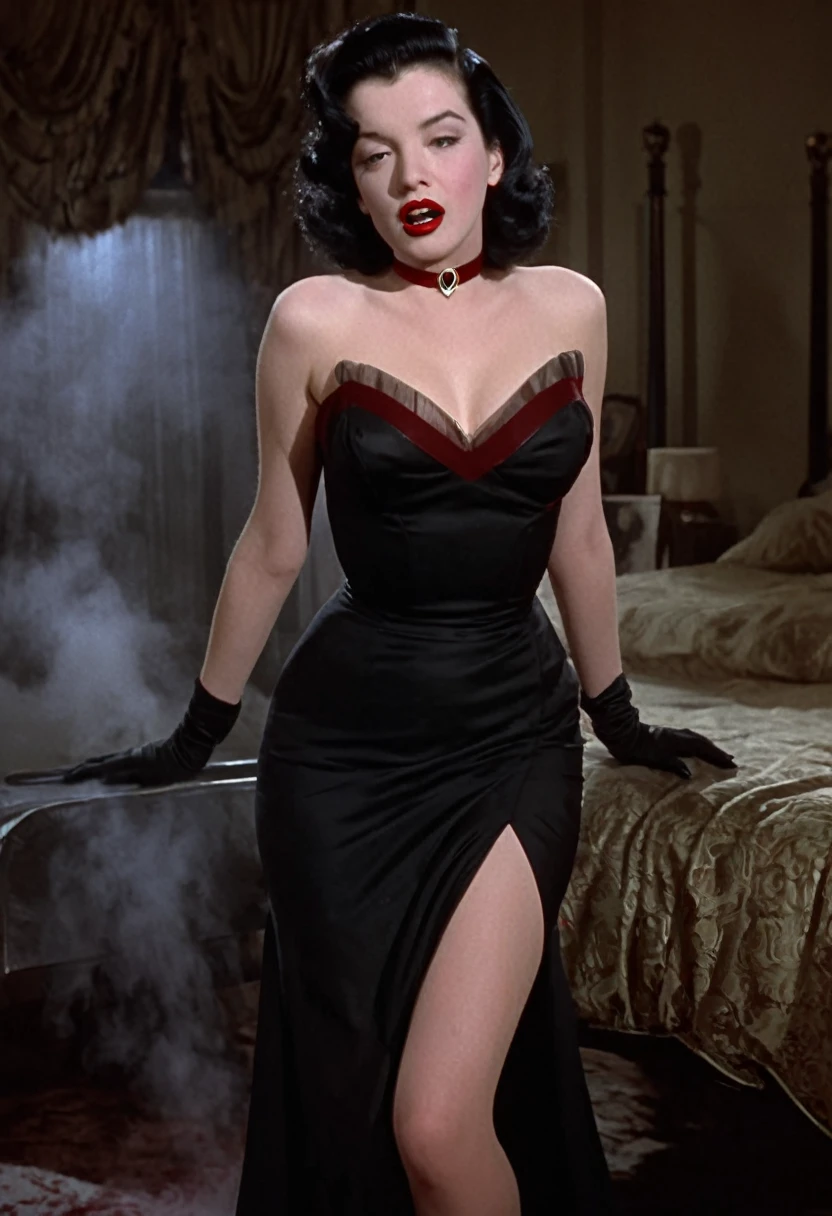 Vampire Marilyn Monroe (pale, deep black hair, blood red lips, fangs, slinky black dress deeply plunging neckline) emerging from a mysterious fog in a 1950s bedroom, she is hungry for viewer