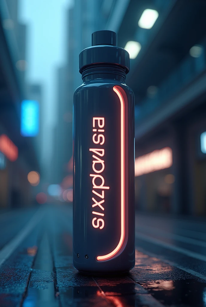 High-tech Water bottle, brand name 'mepatxe' glowing taxt vertical, cinematic look, no transparent