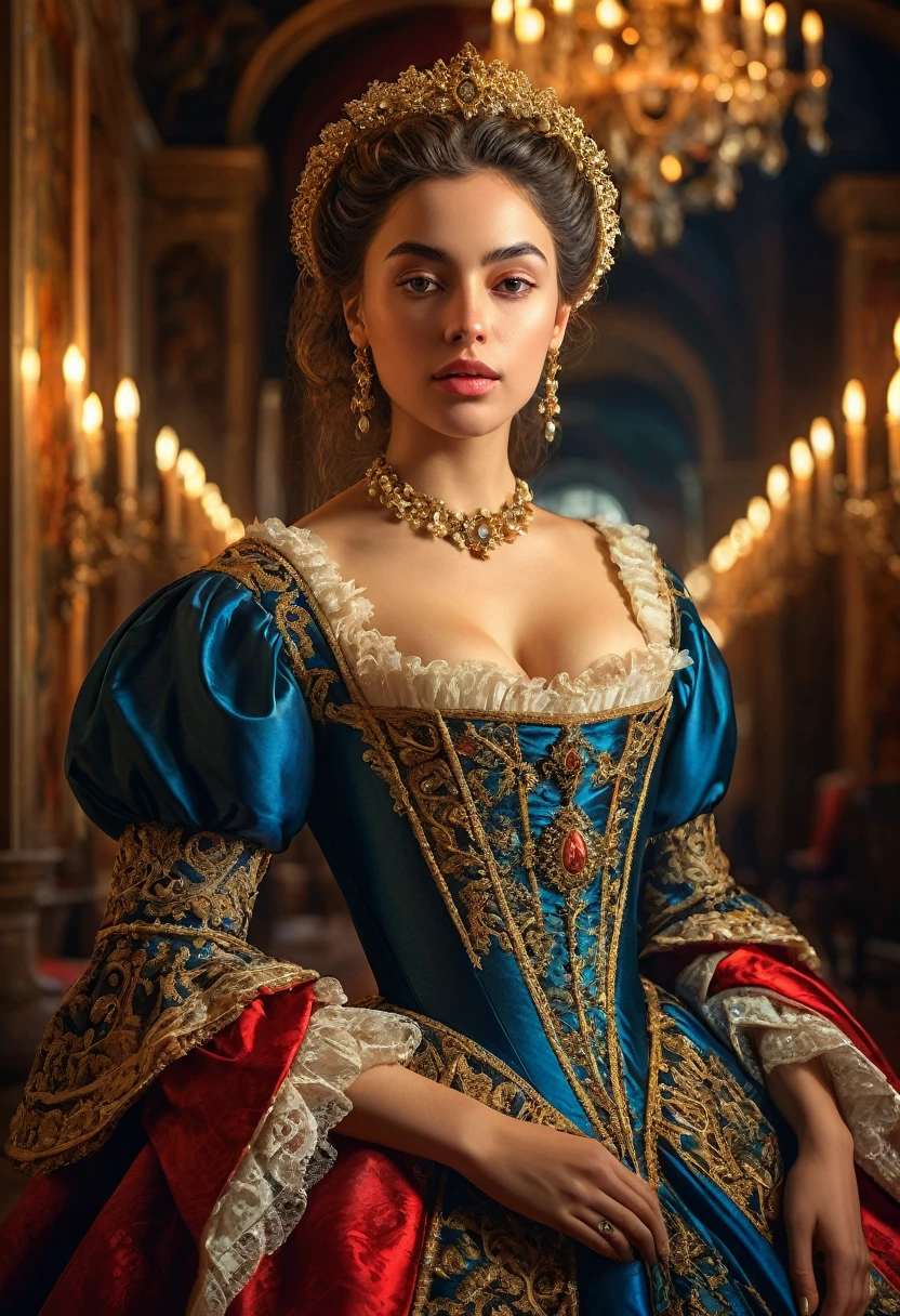 a beautiful woman in an extravagant renaissance dress, tantalizing expression, dramatic lighting, ornate baroque interior, warm color palette, cinematic composition, (best quality,4k,8k,highres,masterpiece:1.2),ultra-detailed,(realistic,photorealistic,photo-realistic:1.37),HDR,UHD,studio lighting,ultra-fine painting,sharp focus,physically-based rendering,extreme detail description,professional,vivid colors,bokeh,intricate details,dramatic chiaroscuro,oil painting
