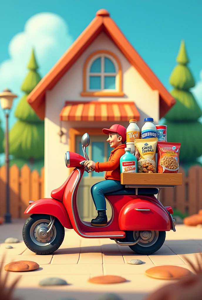 Red cargo motorcycle with drinks, cereals, bottled milk, bean bag, packaged bread, behind a house with a triangular cartoon-style roof