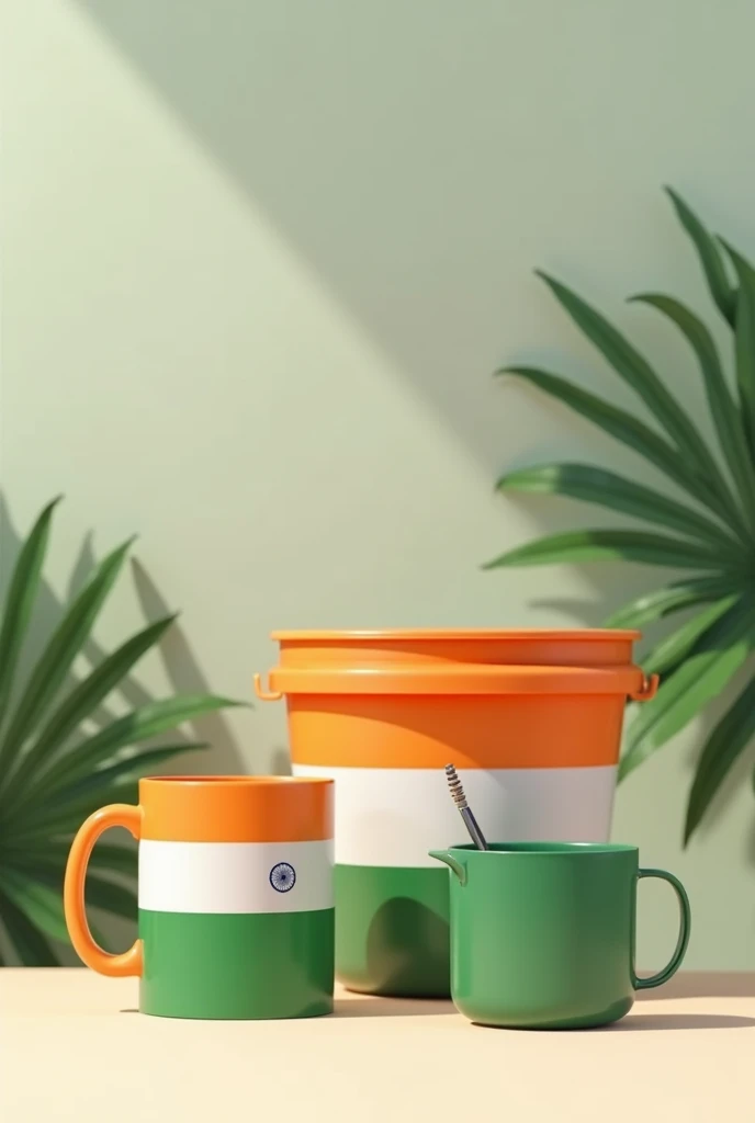 (photorealism:1.2) A mug, tub and bucket plastic items representing the only flag colour of India in the background with a realistic image and the colour for the plastic items should be Indian flag colour
