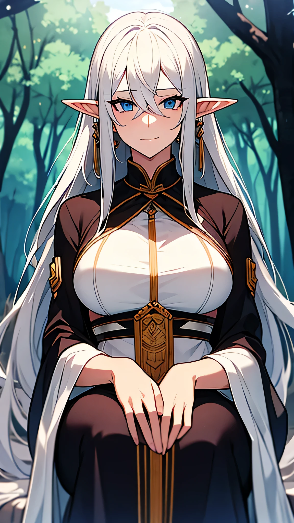 Dark elf women, mature women, old women, beautiful, long hair, white hair, thin clothes, underwear, big breasts, sitting in the forest,elf ears, hands, upper body, 8k, earrings, looks like an old woman, looks like a woman who already has children, hands, sexy