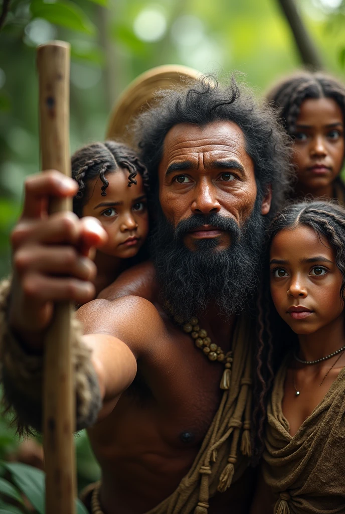 a primitive man selfie with family, using a wooden stick, detailed face, detailed eyes, detailed lips, intricate details, highly detailed, photorealistic, 8k, hyperrealistic, chiaroscuro lighting, natural colors, warm lighting, lush nature background, cinematic composition, dramatic pose, dynamic angle