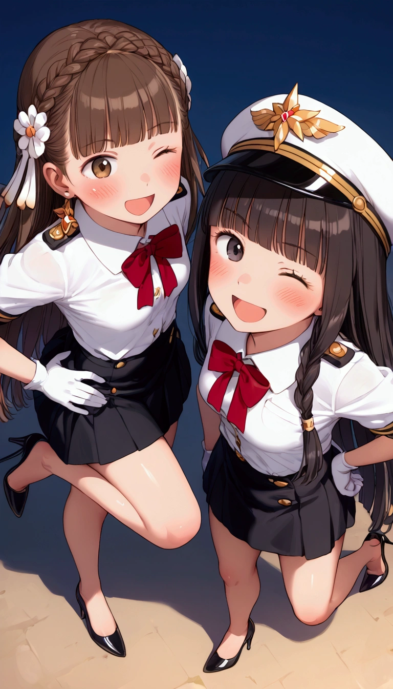 {Highest quality}, {Super beautiful},{Ultra fine},{Best illustration},Brown Hair,Hime cut,long hair,Braid,Two Women,Standing Woman,Strike a pose,Adult women,smile,Excited face,Wink,Uniform cap,White Shirt,Short sleeve,long black skirt,White gloves,Night Festival,Blushing,Slender,Black stiletto heels,barefoot,From an angle,From above,Put one hand on your hip,Spread your legs,Lift one leg up