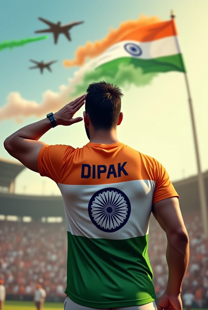 Name "Dipak" writen on Indian flag tri colour t-shirt, a handsome man "salute on Indian flag on pol" in cricket stadium with many other people at 15 August and 2 fighter jet flying in sky with indian tri colour smoke