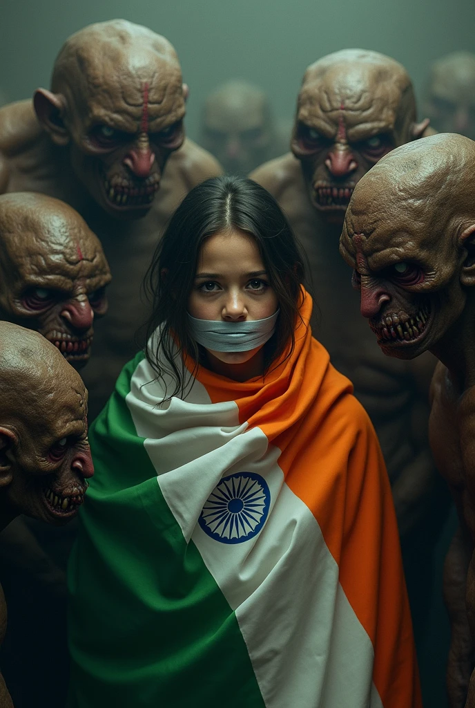 a picture of vulnerable teenage girl wrapped around an Indian flag, her mouth shut with duct tape with a lot of men around her dressed as monsters