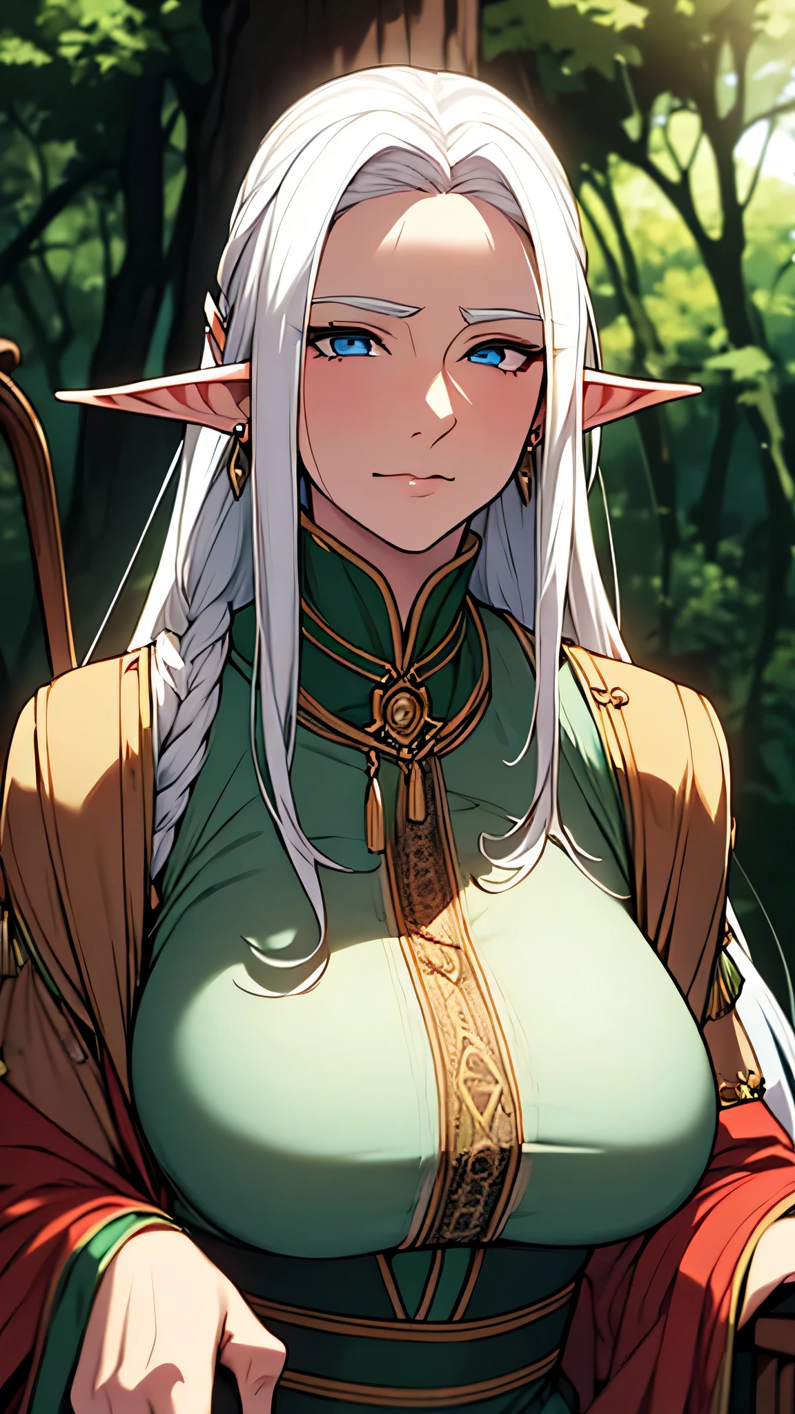 elf women, mature women, old women, beautiful, long hair, white hair, tied hair, thin clothes, underwear, big breasts, sitting in the forest,elf ears, hands, upper body, 8k, earrings, looks like an old woman, looks like a woman who already has children, hands, sexy,