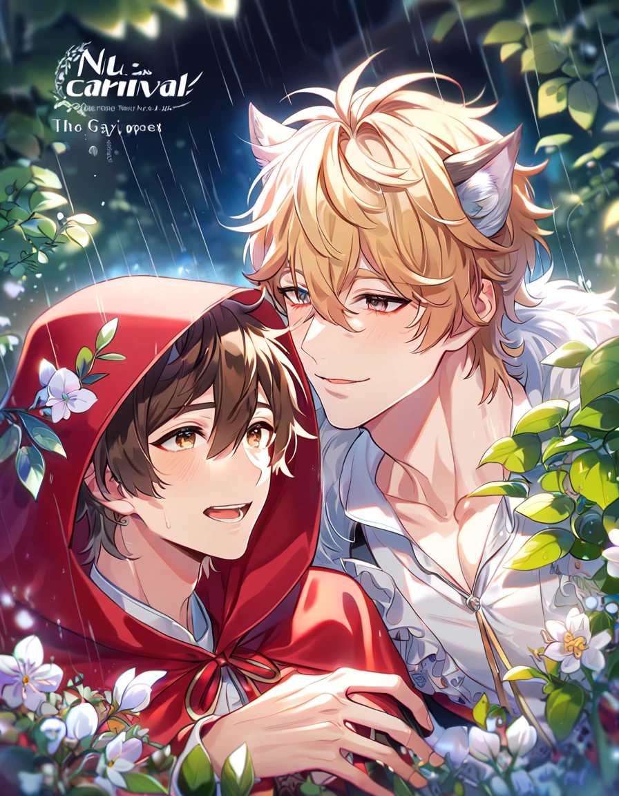 absurdres, highres, ultra detailed, HDR, master piece, best quality, extremely detailed, detailed eyes, Quincy as the wolf, blonde hair, messy hair, hair between the eyes, expressive amber eyes, wolf ears, Nu Carnival, Eiden as the red riding hood, brown hair, expressive brown eyes, two sexy men together, yaoi, gay couple, The Red Riding Hood And The Wolf team, fantasy clothes, red hooded cape, spring, flowers, green leaves, magical forest, fantasy, rain, night