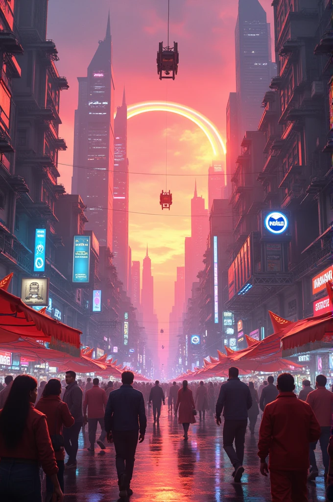 Create an image of indian a futuristic city with tiranga flying cars and skyscrapers in a neon style with a busy street market full of pedestrians, futuristic gadgets and devices and the police chasing a fugitive, against the backdrop of a tiranga rainbow and sunset in the sky.