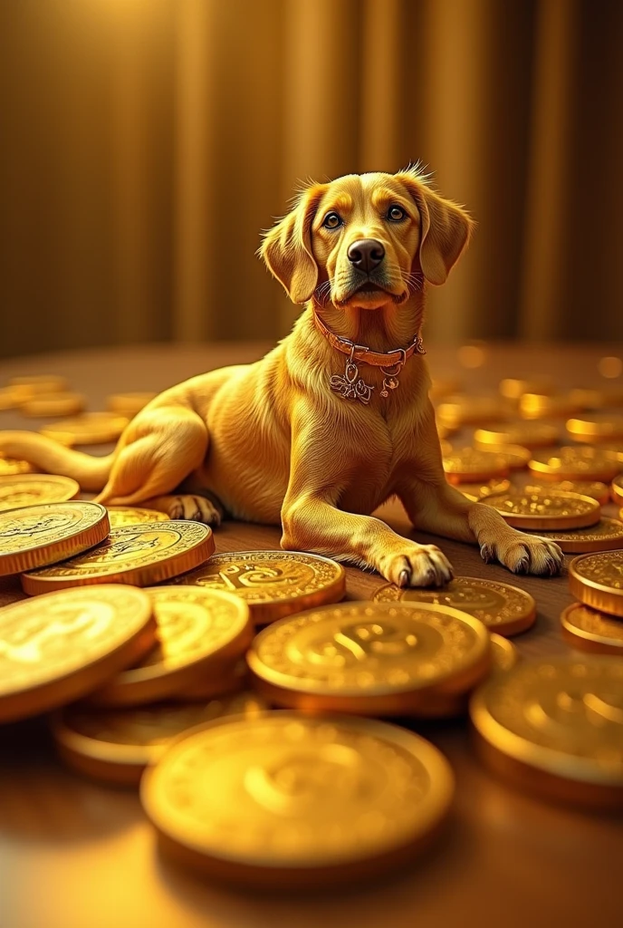 Pile of gold, Gold coins, dog, Gold coins이 하늘에서 쏟아진다. Dazzling golden, (((Intense golden color))), Golden bar, Golden Dollar,