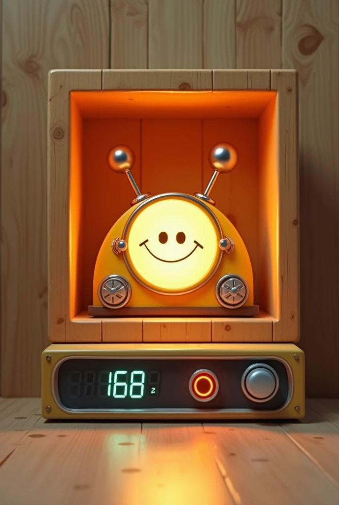 I wanted a semi-circle in a rectangular box, but it was a lampshade. in front of the wooden rectangle there would be a digital clock. in the middle circle there would be a happy face and two antennas