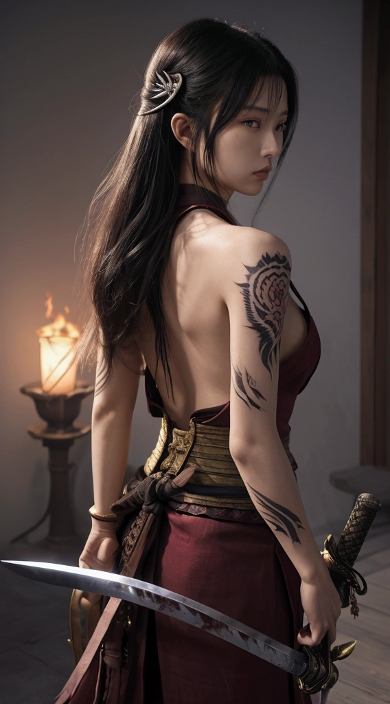 (Japanese sword &reference;Muramasa 2&reference;.2)Beautiful 27 year old woman、Japanese women、Tie your hair back、Hair ornament artist、Shinobi Costume、Warrior、Clear Eyes、{Arm tattoo(SakuraFubuki}&#39;Back Tattoo、Warrior、(Japanese swordを両手で構える、1.3)(Japanese sword1.2)Intermediate position、In front of the body、(Hold the sword horizontally 1.3)、whole body、Long Blade Sword、Realistic battle scenes、敵Warriorの返りBlood、Blood、High resolution、Highest quality、Very detailed、8k、background、The castle is burning、Sparks fly、