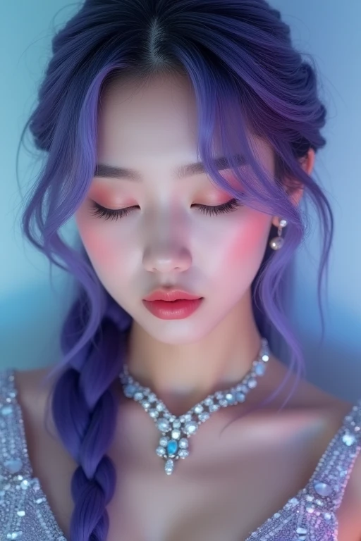 A close up girl k-pop idol (her wearing politely closed iris prom night glam sparkling bling bling dresses, her long purple blue hair beauty in ponytail braid, her mystic make up)