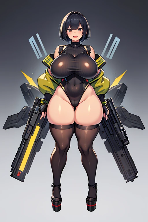exited, smile, scream, Open mouth, young girl, Pullover, whole body to see, bob cut hair, (( very wide hips)), (((colossal Thighs, gigantic thighs, very huge thighs, very big thighs))), fullbody, platform heels, black skin, very Big breast, gun, soldier girl , full body, military , high cut leotard, cyberpunk, battle, tight stockings, military camouflage,