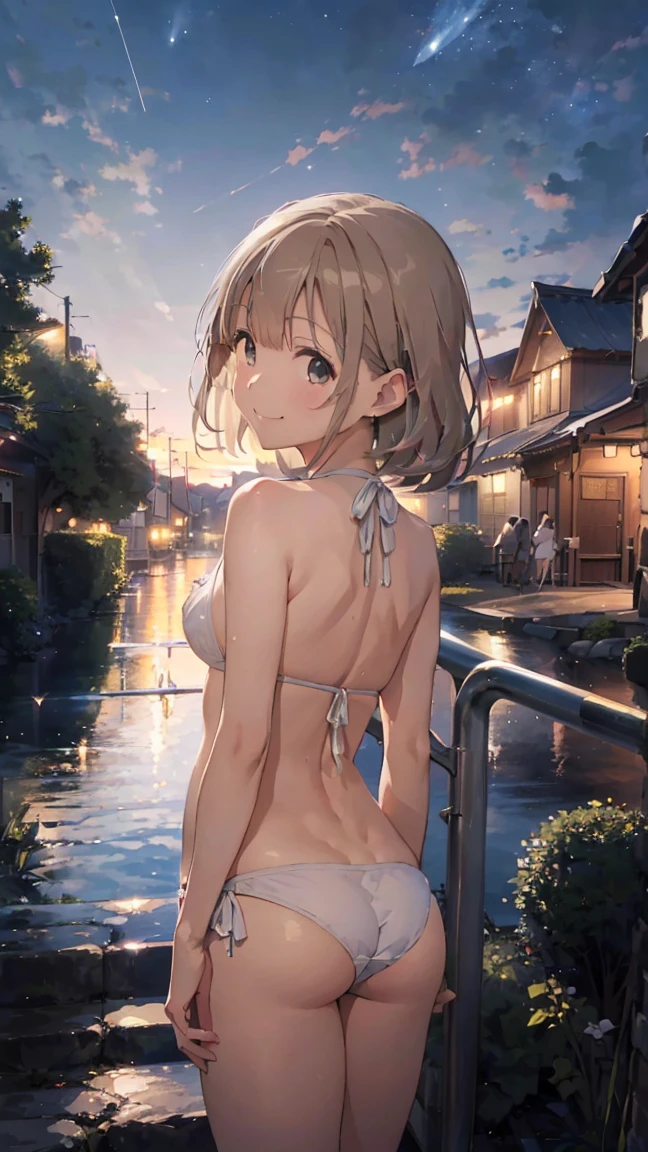 masterpiece, Highest quality, High resolution, Very detailed,(((Asahi Serizawa))), (((Town))), (((Night Sky)))、(((Back view)))、(((smile)))、(((Standing in the distance))), (((Wearing a white bikini。))), (((handrail)))