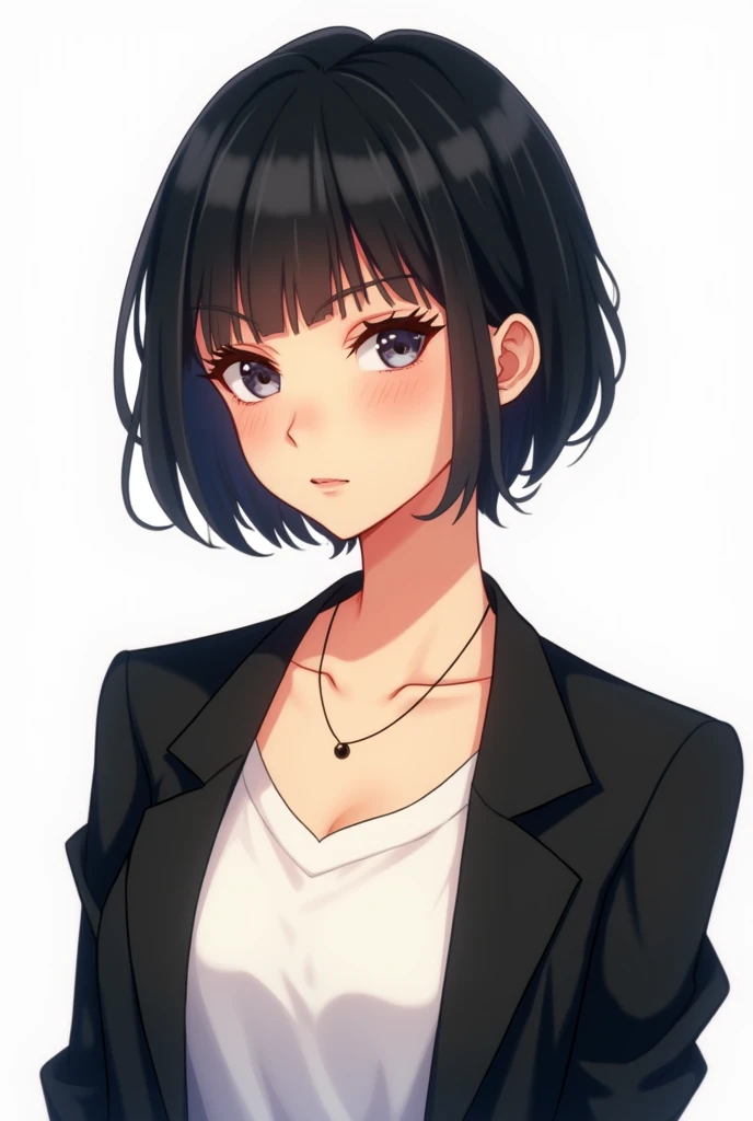 1girl, female focus, single, jewelry, necklace, white background, black hair, small chest, attitude face, jacket, shirt, attitude in eyes, black jacket, white shirt, cartoon style.