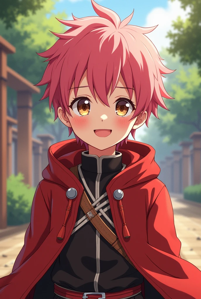 young boy, Smile, gojo satoru, uniform jujutsu with Red hood, brown eyes, pink hair, short hair, anime style jujutsu kaisen.