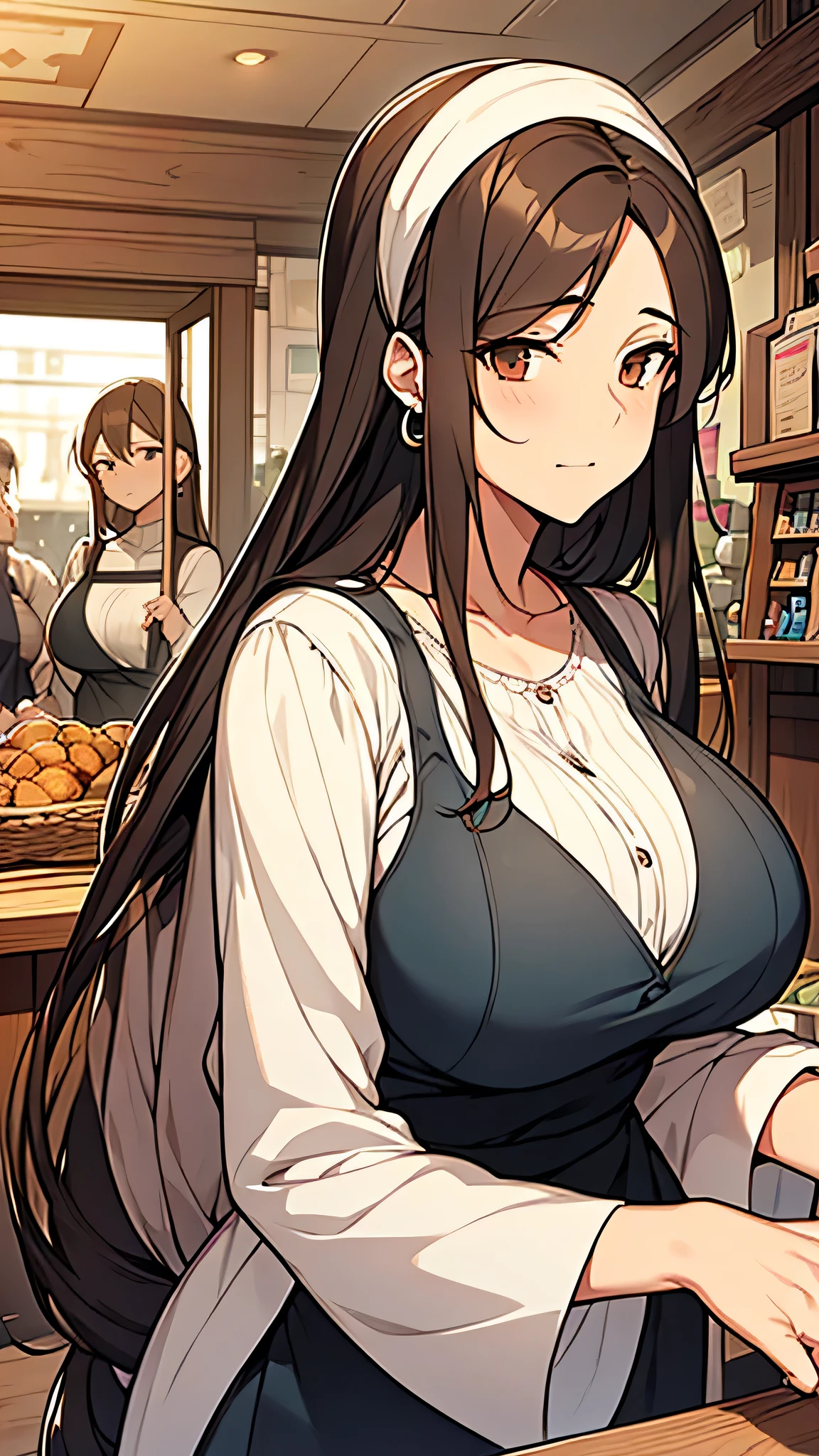 shopkeeper, mature woman, old woman, beautiful, long hair, brown hair, tied hair, wearing simple clothes, big breasts, sitting, waiting for customers, hands, upper body, 8k, earrings, looks like an old woman, looks like a woman who already has children, hands, sexy,