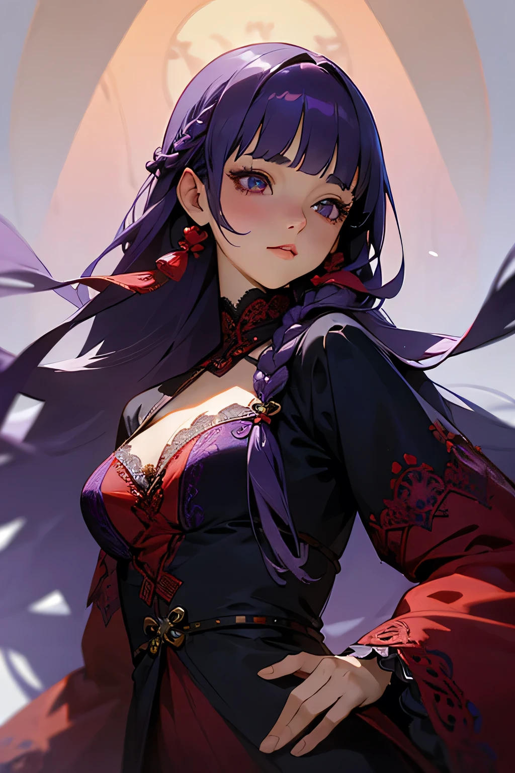 Face closure-up、1 girl, Bangs, Weaving, Wide sleeves, Hair accessories,Red and Navy Lace、(Purple Hair:1.2), Very long hair, Straight Hair, Looking at the audience, Very detailed background, (Practical:1.2), beautiful eyes, Red Eyeshadow, Written border depth，thigh, (ulzzang-6500:0.7), Upper Body, (Solitary:1.2), cleveage, Glowing skin、Hair blowing in the wind、Four fingers, A thumb、Rose、Floral Pattern on the Garment、drink alcoholic beverages、put hands on the hip、Close-up of face、closure、