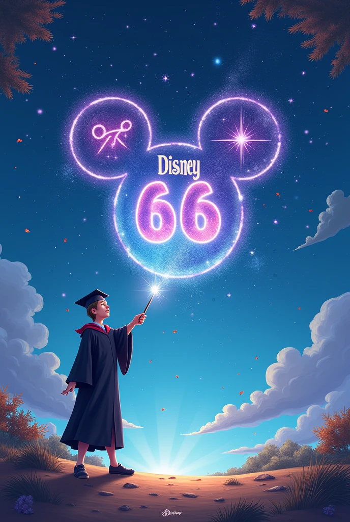 Create an image where a graduate student makes the Disney logo with a wand in the lower left corner and says at the top "We are promo 66 and you are watching our senior year"