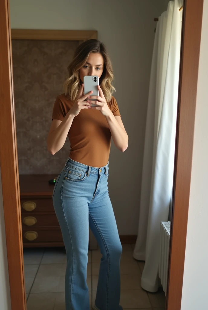 there is a woman with middle dark blonde hair posing for a picture, she is wearing a jeans and a top,there is a woman taking a selfie in a mirror, 8k selfie photograph, taken in the early 2020s, fit pic, outfit photo, mirror selfie, 2 4 year old female model, standing in corner of room, full body shot!!, full body picture, low quality photo,