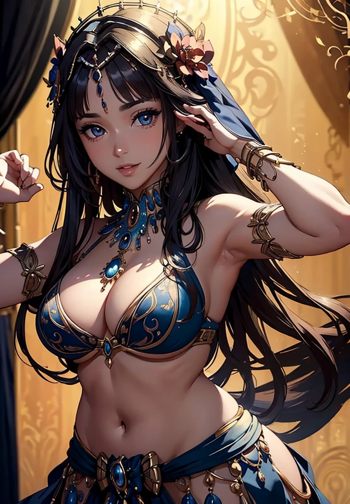 ((Masterpiece)),(Best Quality),((ultra-detailed)), (beautiful detailed face), depth of field,detailed,((beautiful detailed eyes)), big breasts, niloudef, dark skin, portrait 3:4, belly dance pose, sensual, seductive. Theater stage background. smiling.