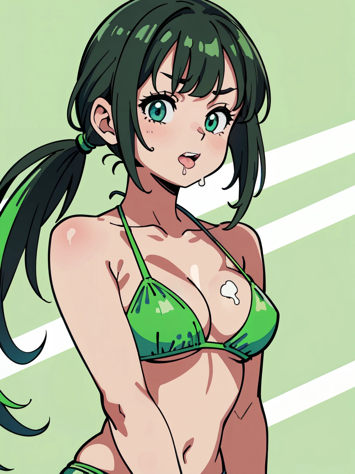 best quality, masterpiece, 1 girl, (tongue out:1.2), (drooling:1.3), (low twintails hair with bangs:1.3), fluorescent green and white colored bikini, (medium breast:1.2), solid green background