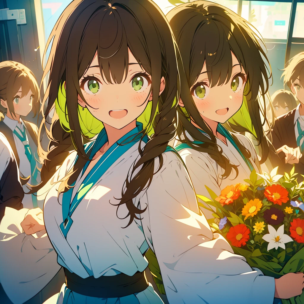 A boyish girl with long dark brown hair and green eyes、Highlight on eyes、celebration、bouquet、Detailed facial expressions、smile、whole body、Uplifting、smiling、Jumping、No background