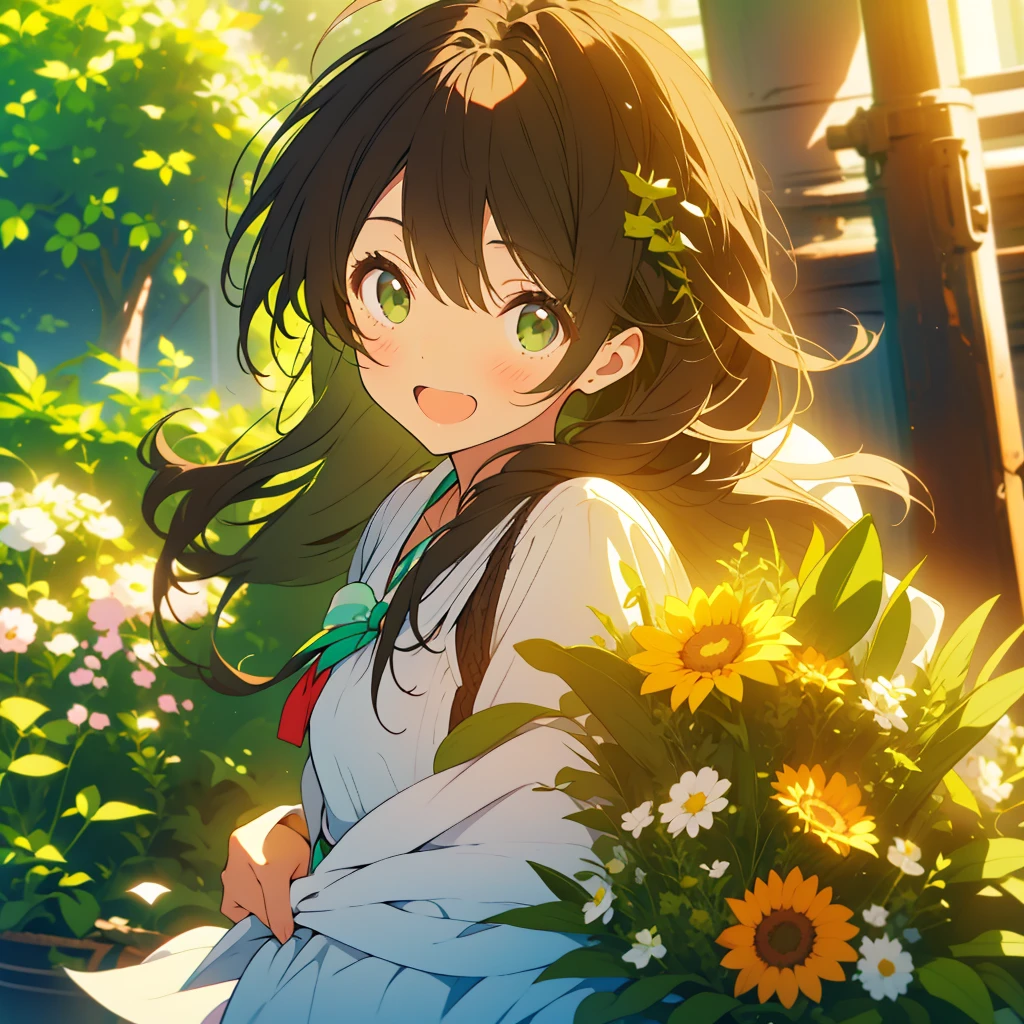 A boyish girl with long dark brown hair and green eyes、Highlight on eyes、celebration、bouquet、Detailed facial expressions、smile、whole body、Uplifting、smiling、Jumping、No background