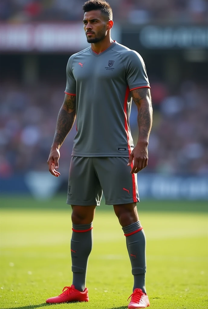 A full soccer uniform, the most up-to-date model, complete with gray and minimalist red curves.
