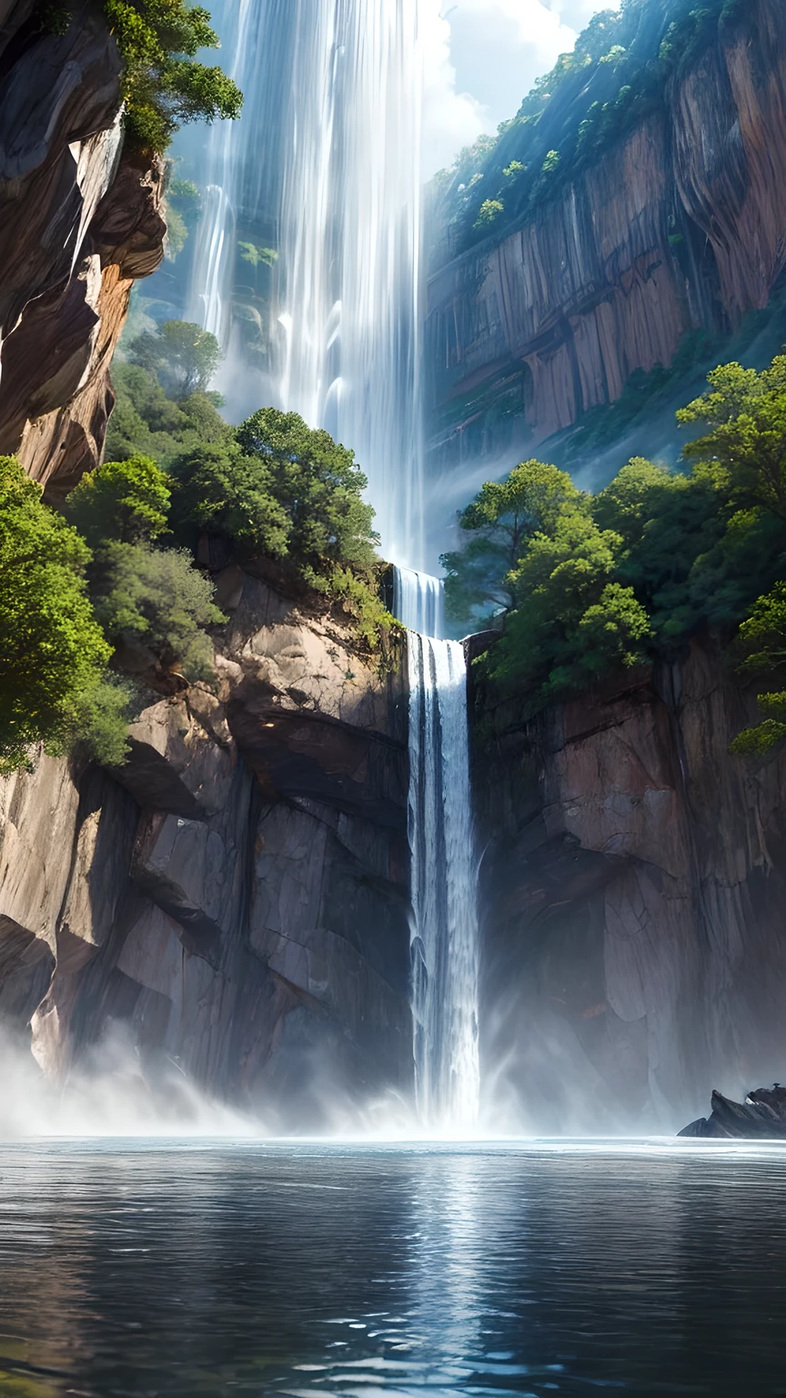 a ((Low angle shot: 1.5)), From beneath an epic waterfall, There is a majestic waterfall flowing from a majestic cliff., ((Standing very close to the waterfall)) The water really fell., Rainbow reflected on the water, Energetic, 超high resolution, High contrast, (masterpiece:1.5), best quality, Best aesthetics), The finest details, best quality, high resolution, 16K, (Extremely detailed: 1.5), masterpiece, best quality, (Extremely detailed) Raw, (Ultra Detailed, masterpiece, best quality), Money basket art style, ral-czmcrnbw