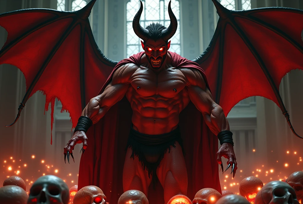 masterpiece, realistic, photographic, 2boy, a sexy young Roman Catholic priest turning into a hot male demon with red skin, black hair, glowing red eyes, long black claws on his fingers and large horns as well as a massive demonic wingspan, he is wearing a black loincloth, bursting out of his ripped and torn priestly robes showing his muscular pecs, abs, biceps, shoulders and perky nipples. A seductive expression on his face, he is surrounded by glowing human skulls, stained glass windows inside the interior of a gothic church background