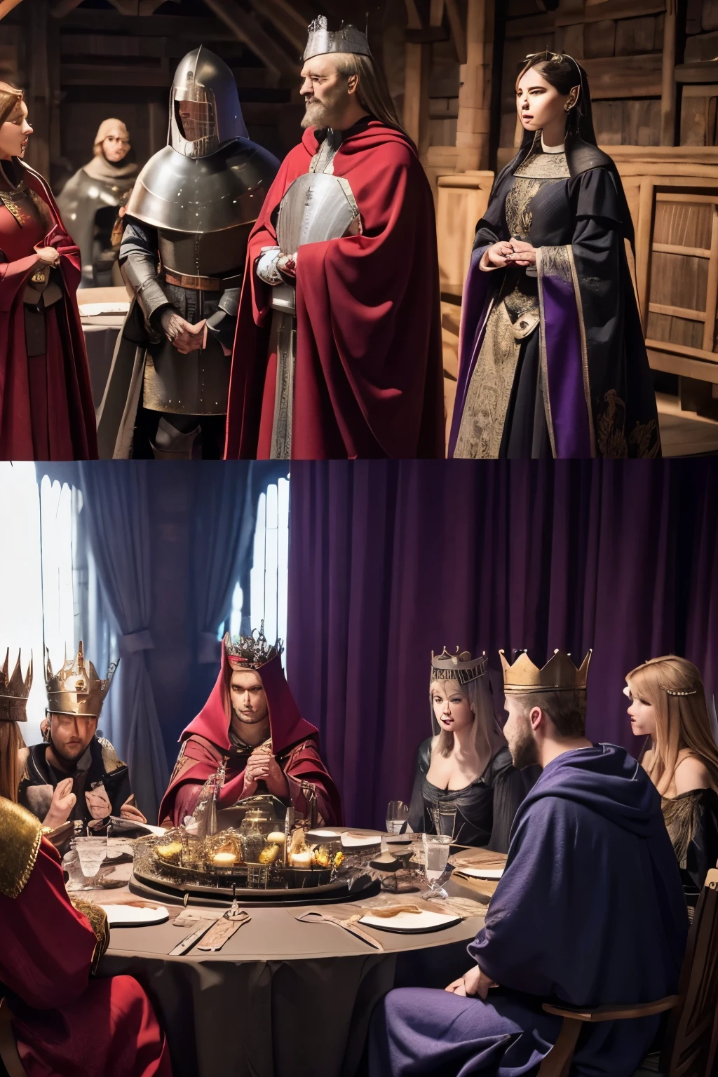 Medieval male emperor、front、Platinum crown、Gentle face、scarlet cloak、Purple clothes、Black plate armor behind、Six male subordinates、Surround a round table、Chatting、Weapons each bears