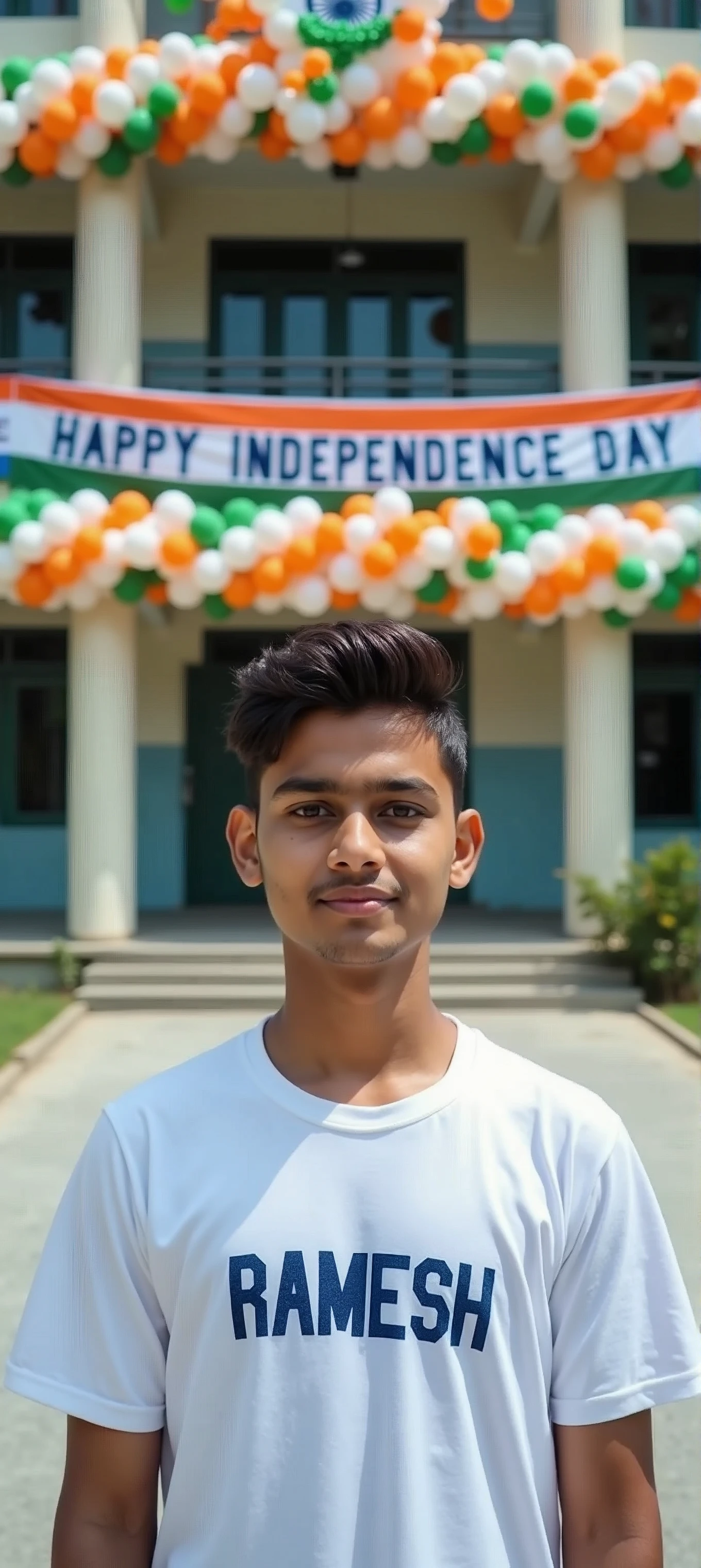 named Arjun stands proudly in front of his school. He’s wearing a white t-shirt with “RAMESH” printed on the Front in bold blue letters. The school building is decorated with orange, white, and green balloons. A large banner reads “HAPPY INDEPENDENCE DAY” in the background. 4K image.