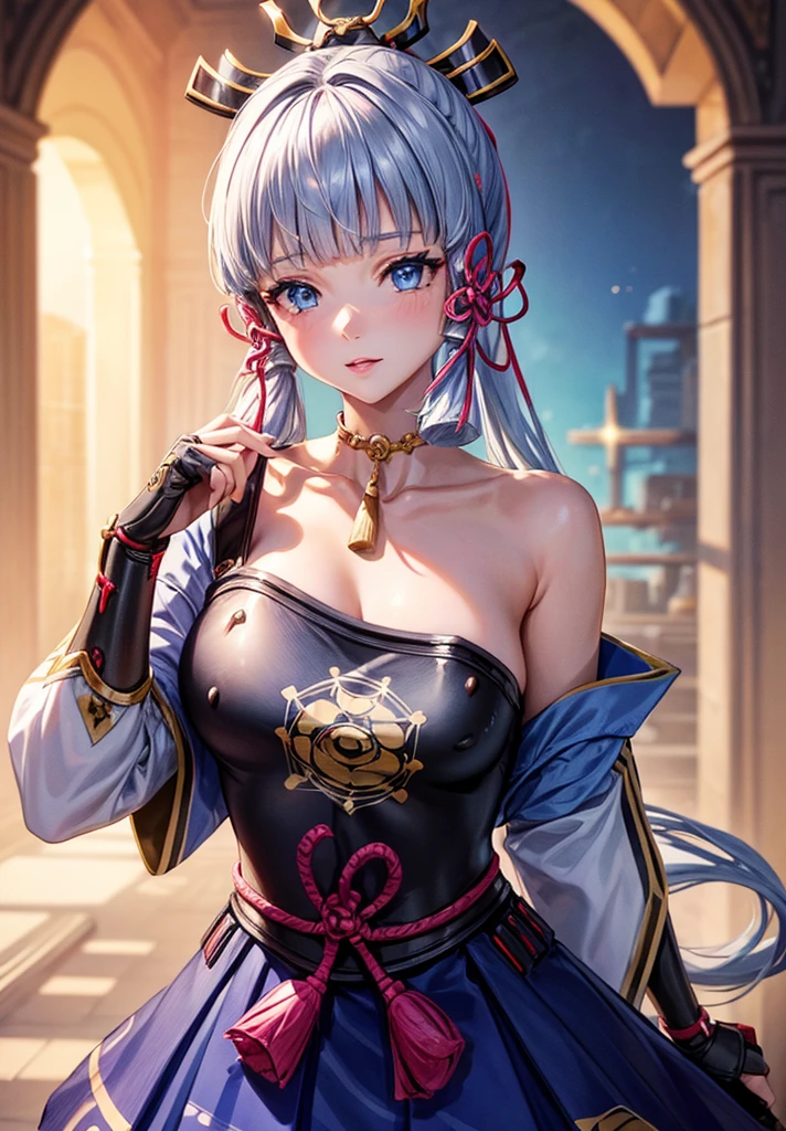 ((masterpiece)),(bestquality),((ultra-detailed)), ((beautiful detailed sky)), ((cinematic lighting)), depth of field, (dynamic angle),detailed lighting,((beautiful detailed eyes)), (night sky view), red lip, eyeshadow,large breast, cleavage, ((wearing tiny dress, off shoulders, bare hips)), ((kamisatoayakadef))