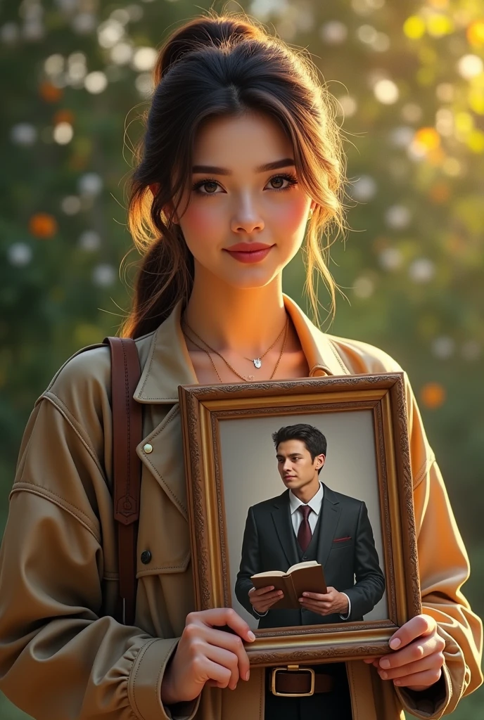 A Adult Girl With A PHOTO and Frame A photo Is A Men With cout And Pant And Had Book 
Give A Beautiful Background
