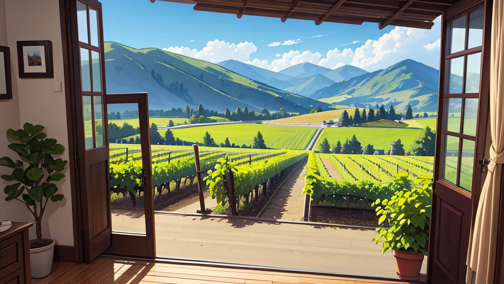 Create a landscape in central perspective where you can see a wine vineyard