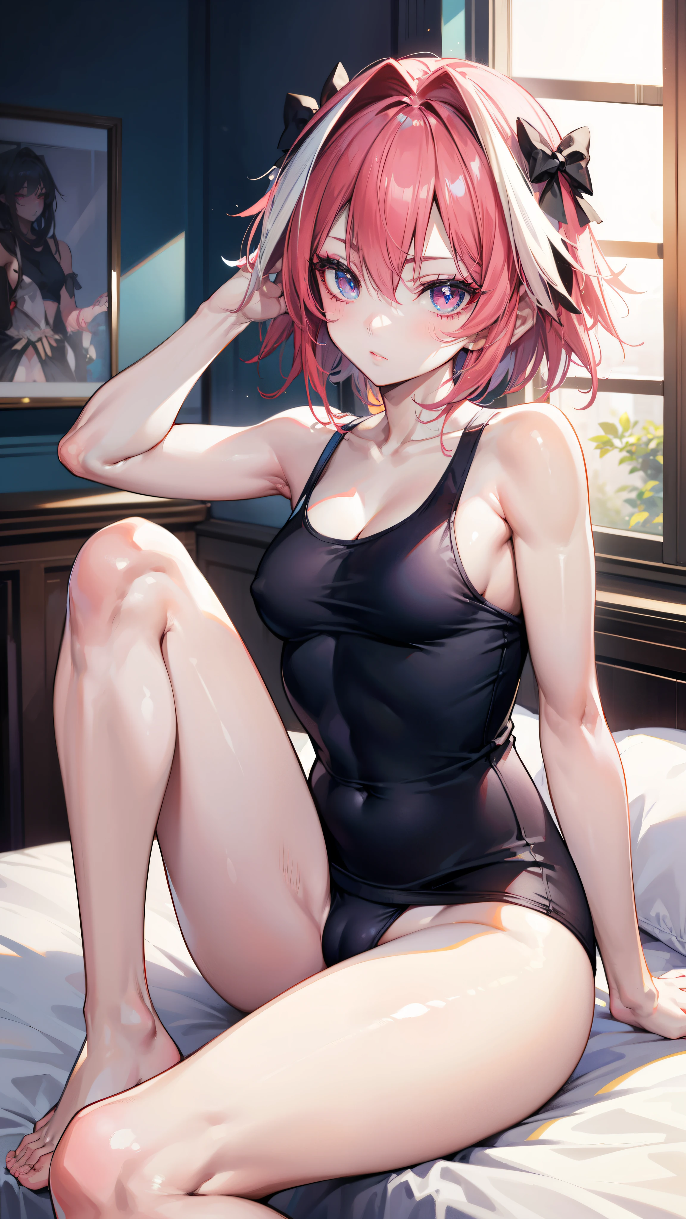 Astolfo, ((Femboy)), Anime, (Masterpiece:1.25), Best quality, High resolution:1.35, RAW photo:1.2, Detailed CG, Dreamy, Curvy build, Skinny, Slender body, Fine detailed beautiful eyes: 1.2, Embarassed Expression, Erotic thighs, Lustrous skin, Photon maping, Cinematic lighting, Full body shot, Dynamic angle, ((Tank top)), Show armpits, (((Sitting on bed))), Cute face, Long eyelashes, detailed eyelashes, eye shadows, glowing eyes, realistic eyes, Natural makeup, Clear facial features, Hyper detailed face, Lip details