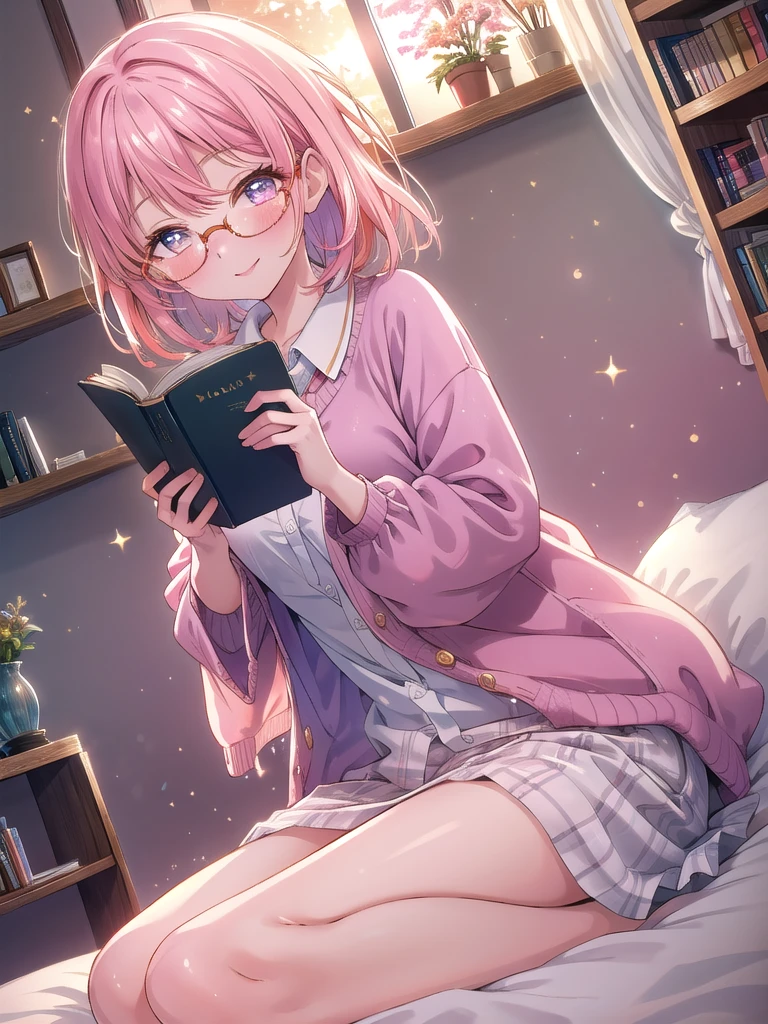 ((8k, Highest quality, masterpiece: 1.3)),Ultra-high resolution,(1 girl, alone), (Color changing eyes, Ultra-detailed, Expressive brilliance, Glitter, Glowing Eyes), Highly detailed eyes, Highly detailed face, Random Hair, ((pastel colour)),A lively young woman with pastel pink hair styled into a neat bob, sitting cross-legged on her bed in her softly lit bedroom during a golden hour evening. She is dressed in a modest yet subtly sexy librarian cosplay, wearing a pencil skirt, a fitted blouse, and stylish glasses. The camera captures her from a side angle as she grins while holding a book, her expression full of warmth and contentment. The room is warmly lit by the setting sun, with books neatly arranged on a nearby shelf, a cozy reading nook, and an inviting, intellectual atmosphere, (nsfw:1.3)