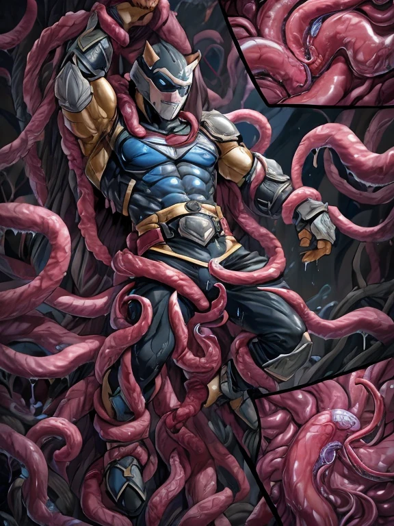 masked, Superhero, hero, strong and robust male, Armor, Tentacle entanglement, uniform, Binding hands togethe, Foreign object invasion, monster breeding, wet, slime, tentacles, slimy tentacles, monster and human breeding, Tentacles wrapped around the body, Insert tentacles into the body, Blocked mouth by tentacles, Both hands are bound, The reproductive organs are covered in tentacles, The chest was torn apart by tentacles, Tentacles penetrate deep into clothes, Wearing pants completely, Complete wearing of trousers