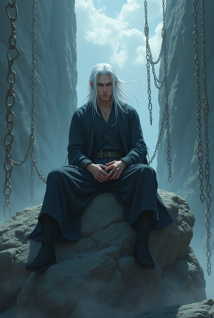 Man with white hair sitting on a large rock with anime style chains


