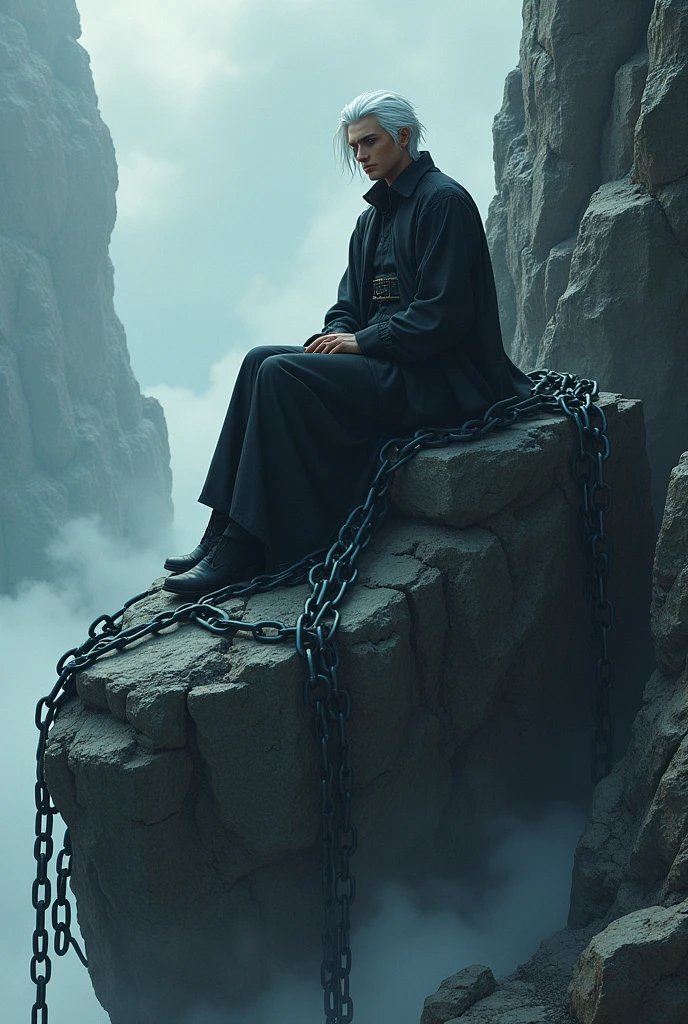 Man with white hair sitting on a large rock with anime style chains