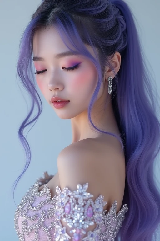 A close up girl k-pop idol (her wearing politely closed iris prom night glam sparkling bling bling dresses, her long purple blue hair beauty in ponytail braid, her mystic make up)