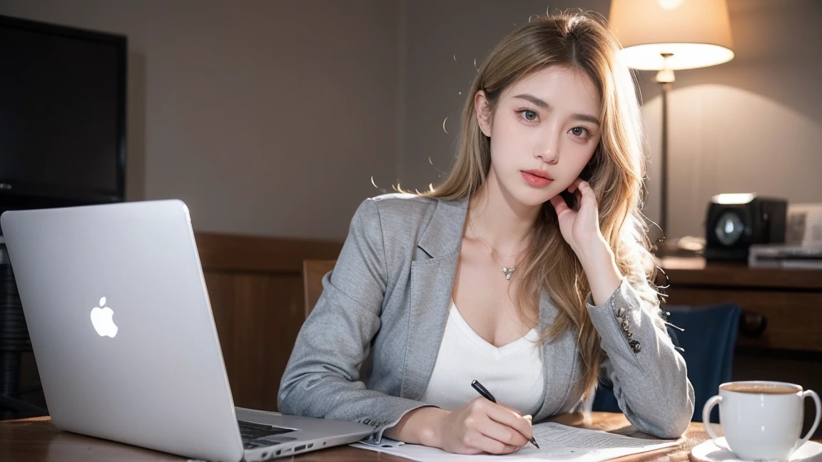 A poised young woman with stylish blonde hair sits at a desk, dressed in a light gray blazer over a dark top. She is focused on the viewer, with a laptop open in front of her and a white cup of coffee resting on the table. The background features soft lighting and blue curtains, creating a professional yet inviting atmosphere. And make the character direct look at the camara