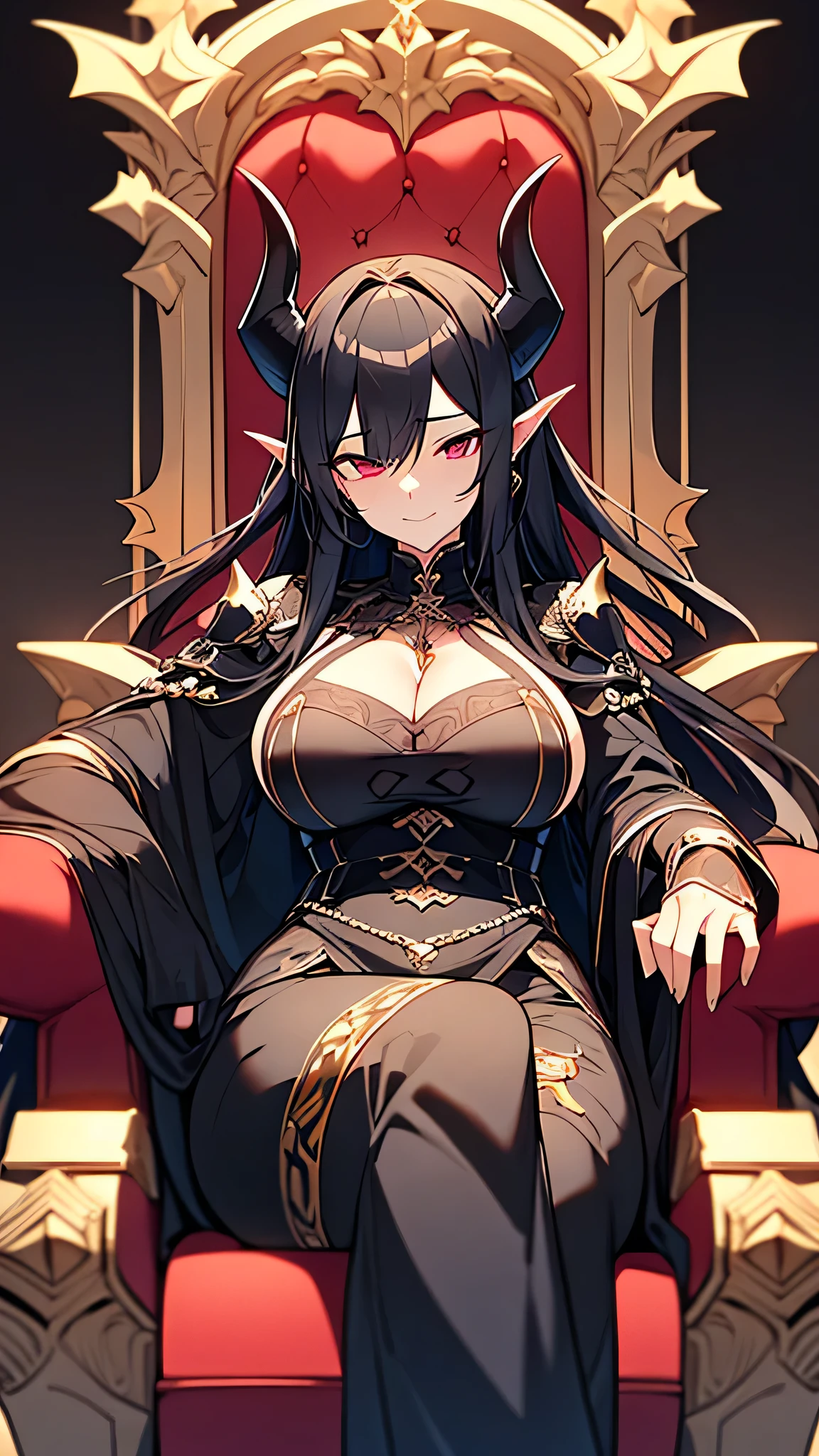 a demon king, mature woman,old women, beautiful, long hair, black hair, tied hair, wearing black knight armor, big breasts, sitting on the demon king's throne, behind the throne is the figure of a black dragon, hands, half dragon hands, upper body, 8k , devil horns, earrings, looks like an old woman,looks like a woman who already has children,hand,sexy,