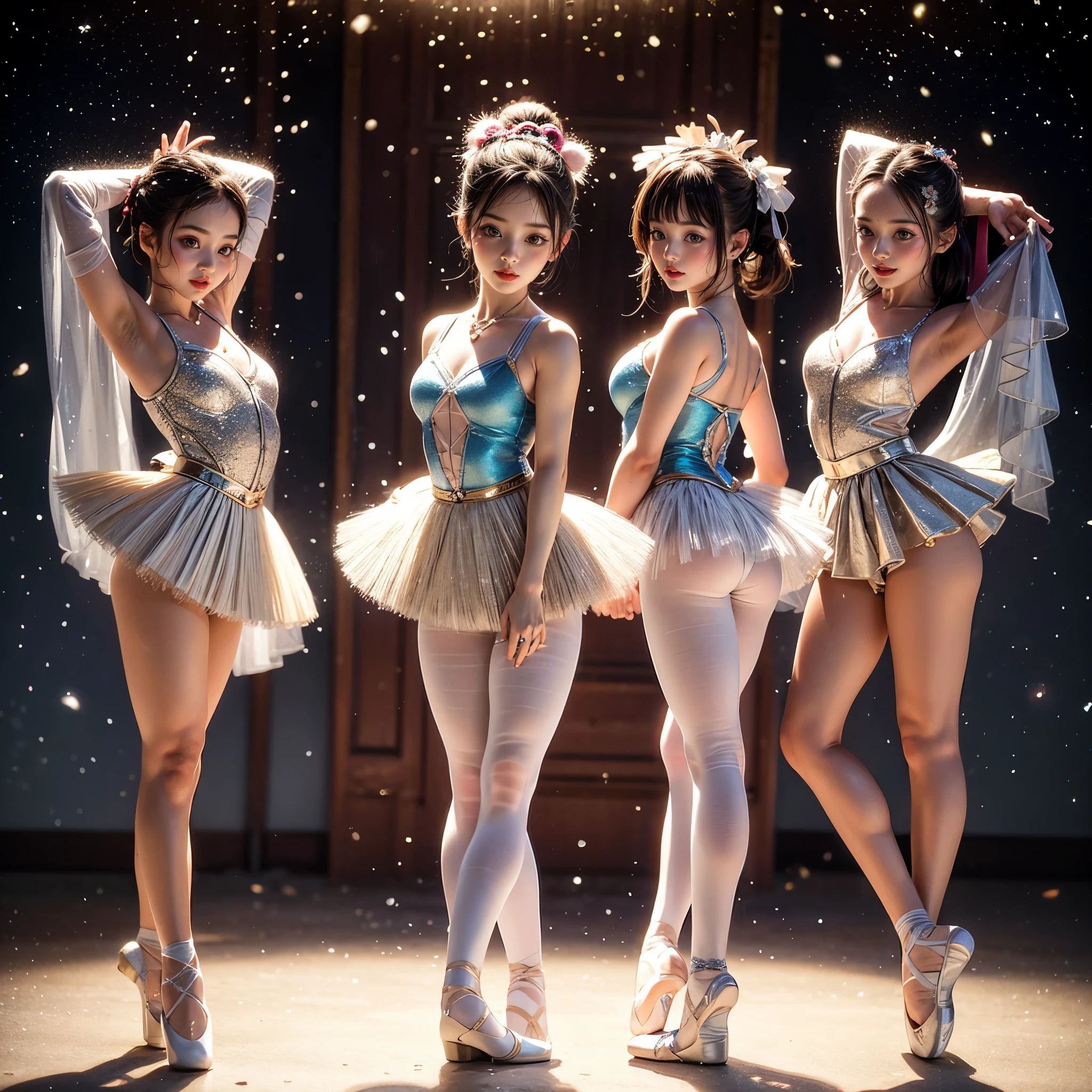 SFW, ExtremelyDetailed (((Kawaii Ballet Girls Group in a row:1.37))), Childish perfect face, Reflective Eyes, Detailed(Delicate Clothing textures), Corrected Leg Line, Corrected Childish Hand, Correct limbs, Dynamic Joyful Expressions LifeLike Rendering, ((Specular Reflection:0.8)), TopQuality 8K Ultra-detailed masterpiece (ProfessionalPhoto:1.37)(Acutance:0.8),(Luminism:1.28), Light particles, (Muscle:-0.5), facing away (from side ) (Clearly visible Beautiful hip shape)