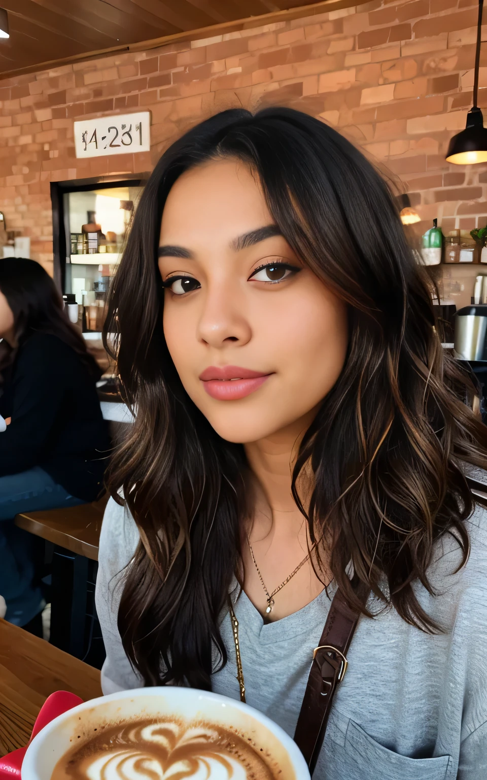 1womanl, Wavy hair, brown dark eyes, foods, Hispanic, cos, in a coffee shop