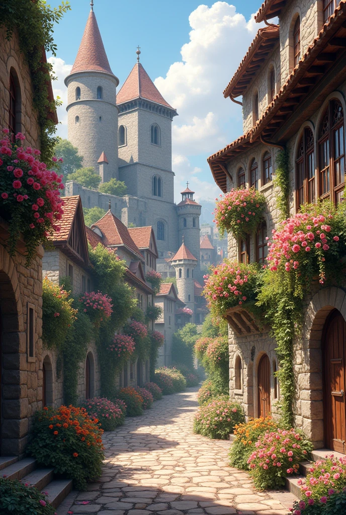 Medieval city full of flowers 