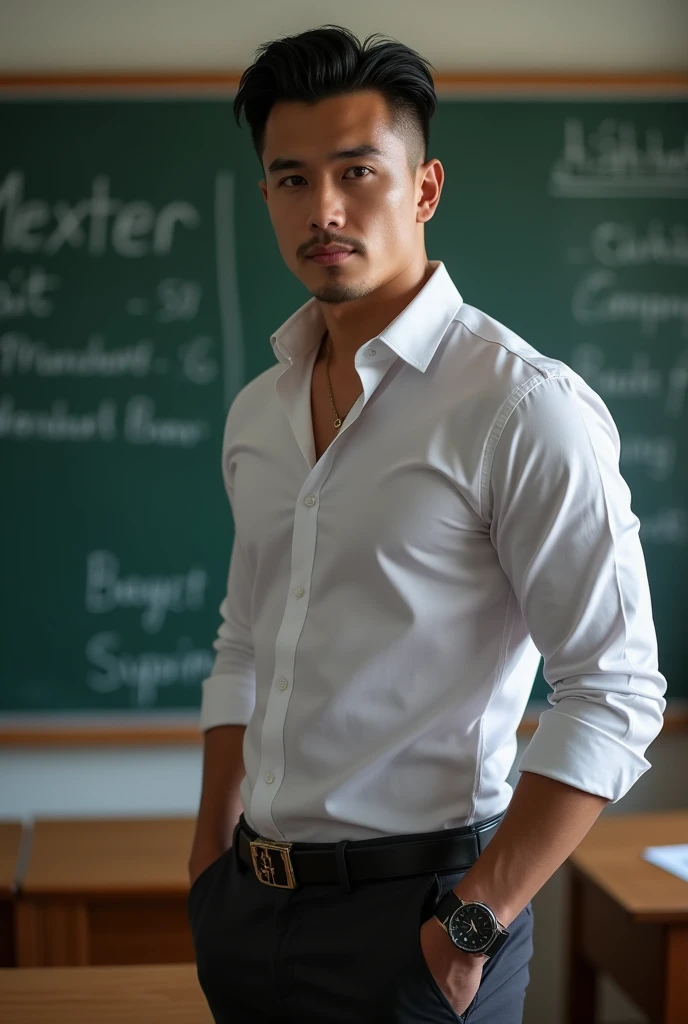 Vietnamese man, 25 years old, teacher,shiny tight clothes, tanned skin,Handsome and elegant, Wearing a  uniform, sexy , Masculine and handsome，musculous，Muscles look good,,, Full body photo,(ultra-detailed, photorealistic, best quality, 4k, 8k, highres, masterpiece:1.3), a mature man, charming and distinguished , (muscular build body), wearing tailored shiny  dress shirt, , perfectly fitted charcoal trousers, sweat, unbutton buttons shirt, lewd face ,tight chest, sex,See-through shirt, erotic, horny, , Accessories include a luxury wristwatch, in the Classroom‎,looking at viewer,muscle veins,no underwear ,Tight shirt makes muscle,unbutton,six pack,